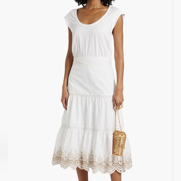 Veronica Beard Amaia Tiered Embroidered Casual Midi Dress‎ 100% Cotton White XS